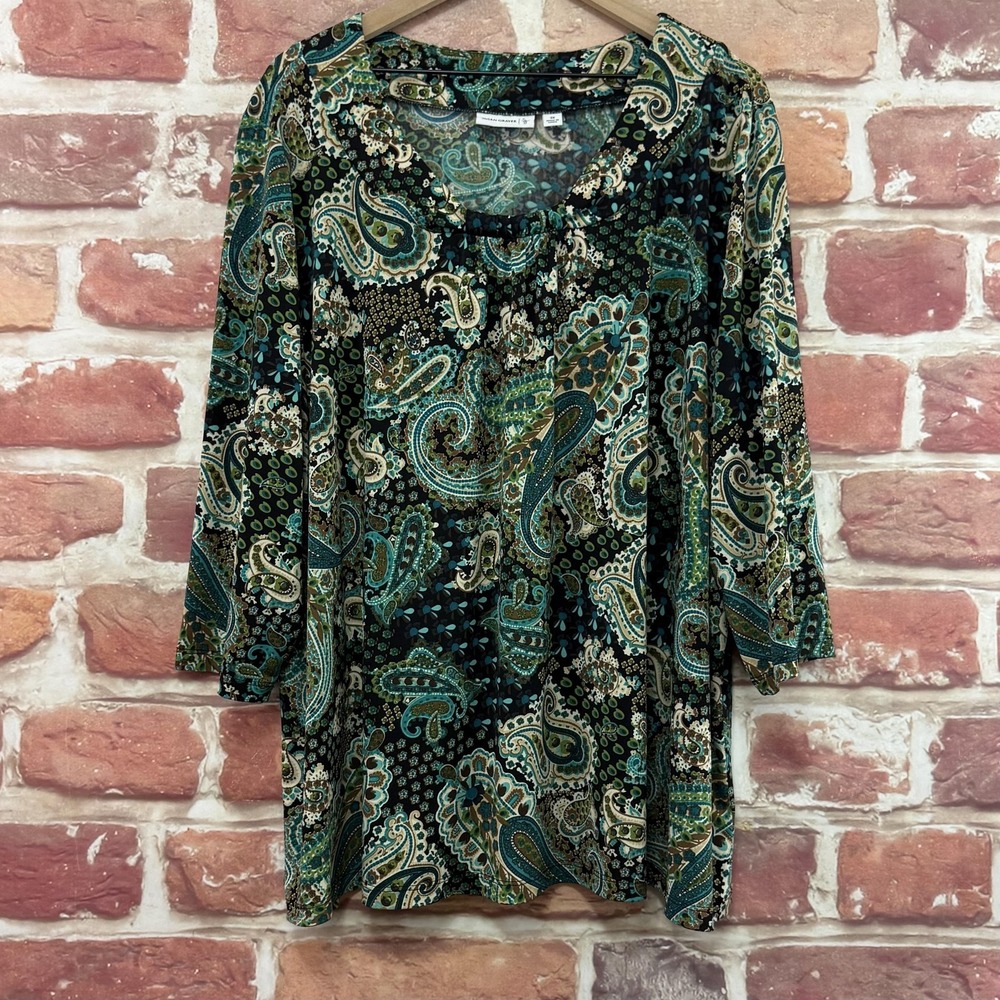 Susan Graver Top Women's 3X Multicolor Boho Floral Stretchy Casual Career Shirt